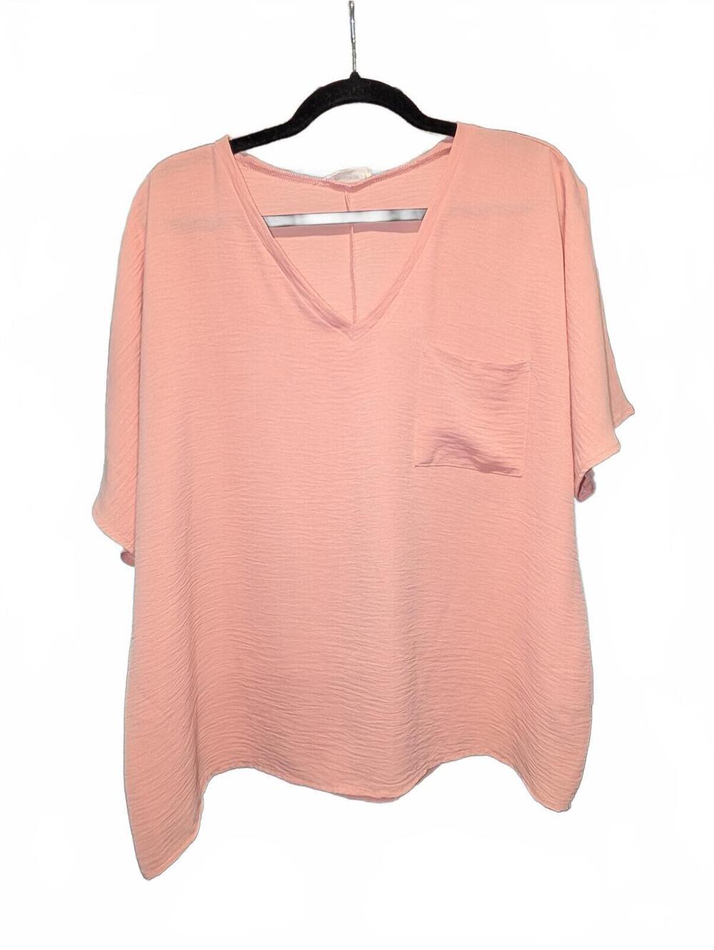 Light Pink V-Neck Short Sleeve Blouse with Pocket-Size Small Oversized